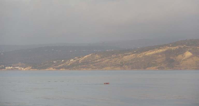 Picture of boat people near Lesbos island